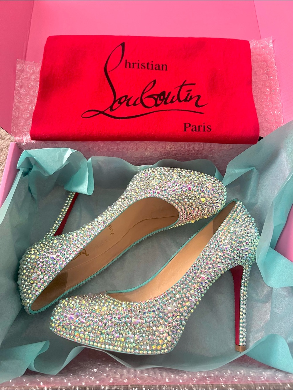 Christian Louboutin Tiffany Blue Swarovski Crystal Strass Platform Heels 37.5 💎